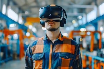 Caucasian male industrial engineer using VR technology for industrial design, development and prototyping at his workplace in factory. Future, technology and industry concept