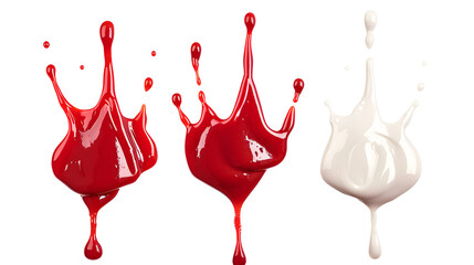 Set of red and white drops and splashes of ketchup or sauce isolated on transparent background. With clipping path. Full depth of field. Focus stacking.	