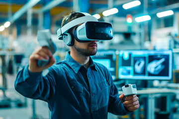 Caucasian male industrial engineer using VR technology for industrial design, development and prototyping at his workplace in factory. Future, technology and industry concept