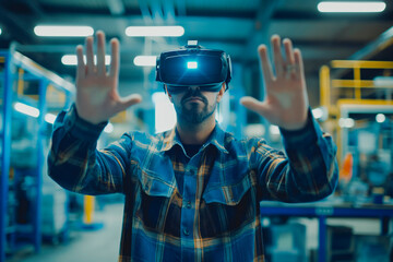 Caucasian male industrial engineer using VR technology for industrial design, development and prototyping at his workplace in factory. Future, technology and industry concept