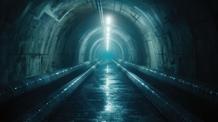 A dark tunnel with a shining light at the end. Suitable for concepts of hope, success, and overcoming obstacles - obrazy, fototapety, plakaty