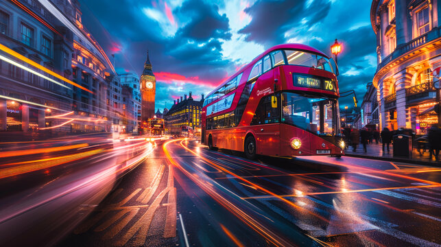 Modern Red London Double Decker Bus, city street at night. in motion in front of big ben, long exposure