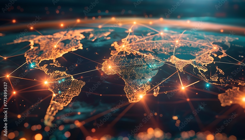 Aufkleber world map displaying illuminated lines linking key financial hubs