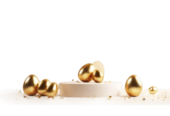 cosmetic copy Easter Pedestal stage up. Empty beauty platform Three golden splay showcase. mock scene. eggs confetti presentation. products. space. 3D podiums Modern product dais group