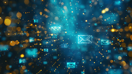 A digital background with glowing blue envelopes on a dark background, representing fast and modern email marketing. A background of a digital email icon floating in the air, newsletter concept.  - obrazy, fototapety, plakaty