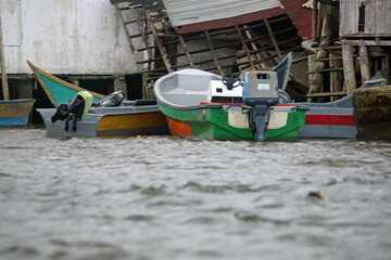 Boats moored at the island of Limones, Esmereldas, Ecuador - obrazy, fototapety, plakaty