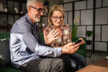 mature or senior couple husband and wife shopping online sit at home