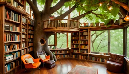 Treehouse Library whimsical treehouse library. Bookshelves crafted from reclaimed wood line the walls, reaching up to the leafy canopy overhead. cozy reading nooks tucked generative ai - obrazy, fototapety, plakaty