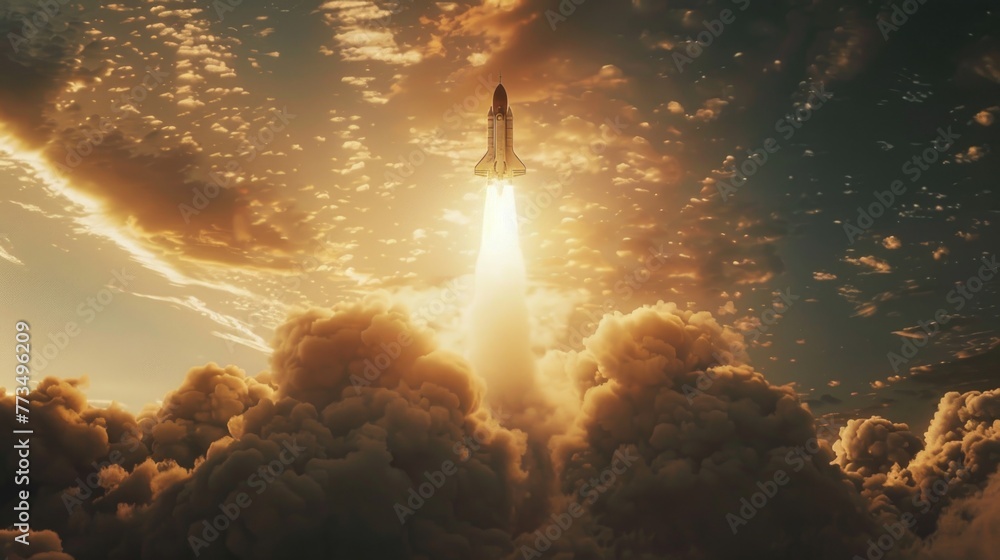 Poster A space shuttle taking off into the sky. Ideal for science and technology concepts.