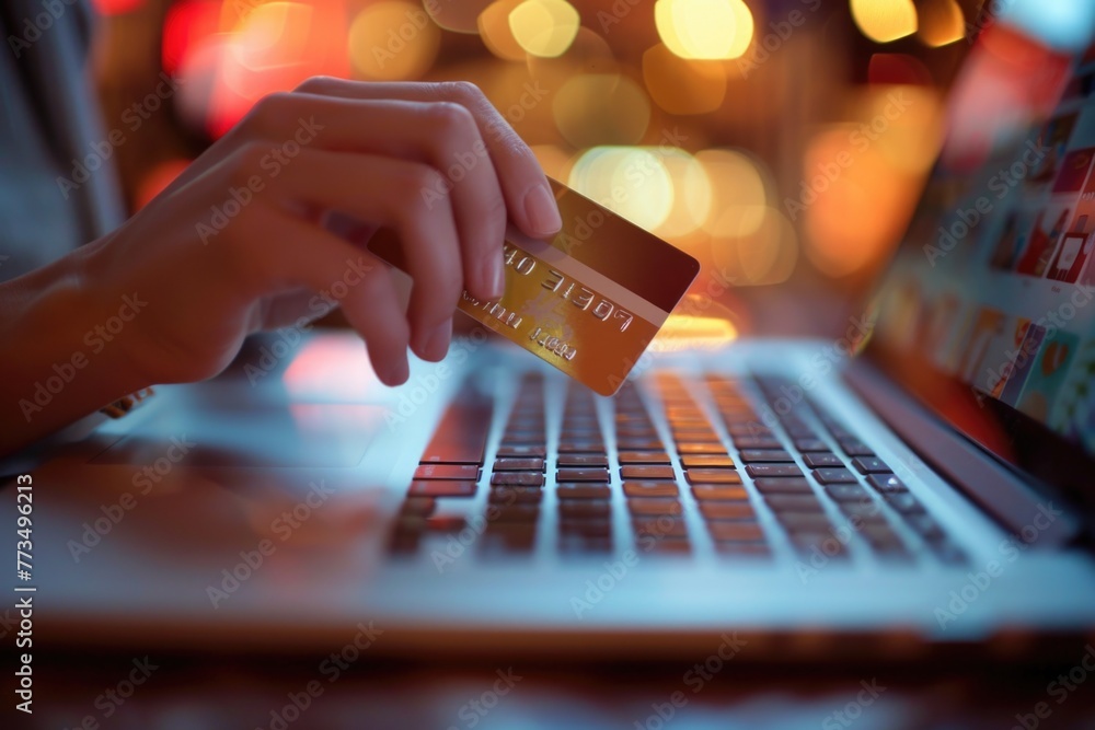 Poster a person holding a credit card while using a laptop. suitable for financial and online shopping conc