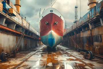 Shipyard industry, Ship Building, Big ship on floating dry dock in shipyard - obrazy, fototapety, plakaty