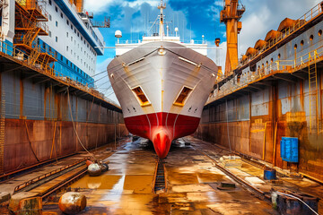 Shipyard industry, Ship Building, Big ship on floating dry dock in shipyard - obrazy, fototapety, plakaty
