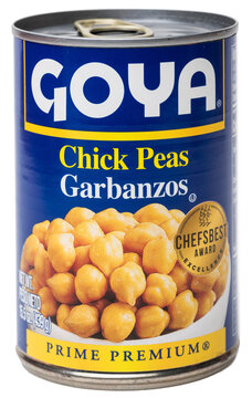Tin Can of Goya brand chickpeas garbanzo beans isolated on a transparent background