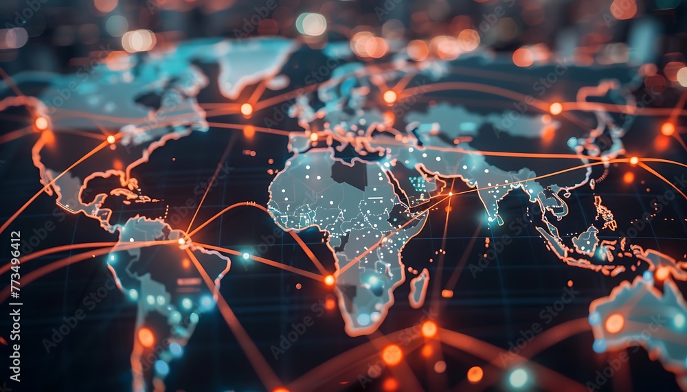 Aufkleber world map displaying illuminated lines linking key financial hubs