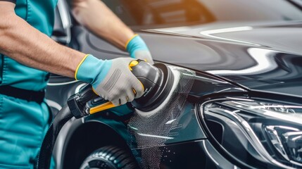 Male person with polishing machine cleans car hood - obrazy, fototapety, plakaty