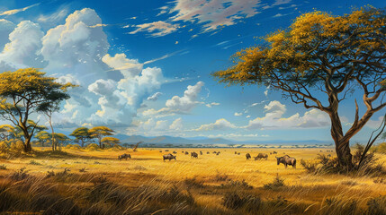 A breathtaking savanna landscape with acacia trees and grazing herds of wildlife under a vast open sky - obrazy, fototapety, plakaty