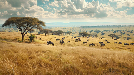 A breathtaking savanna landscape with acacia trees and grazing herds of wildlife under a vast open...