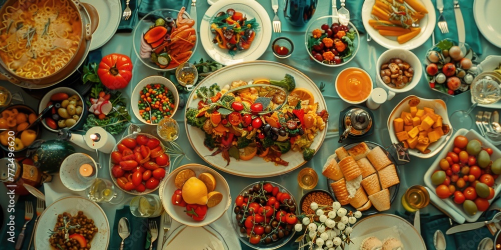 Poster A table filled with various types of food. Suitable for food-related projects
