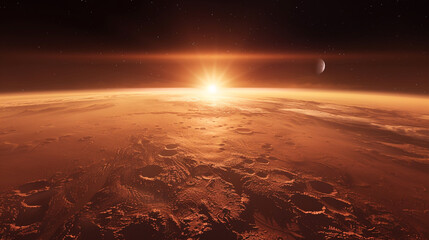 A breathtaking sunrise over the horizon of Mars, casting a warm glow over its barren landscape