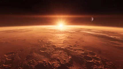 Wandcirkels tuinposter A breathtaking sunrise over the horizon of Mars, casting a warm glow over its barren landscape © baseer