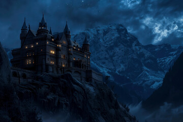A haunted vampire castle on a mountain at night - obrazy, fototapety, plakaty