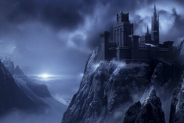 A haunted vampire castle on a mountain at night