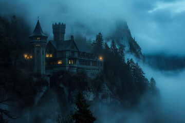 A haunted vampire castle on a mountain at night