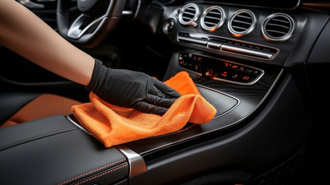 Hand car interior drying of gearbox and dashboard using microfiber in detailing auto service. Cleaner worker dry car interior.