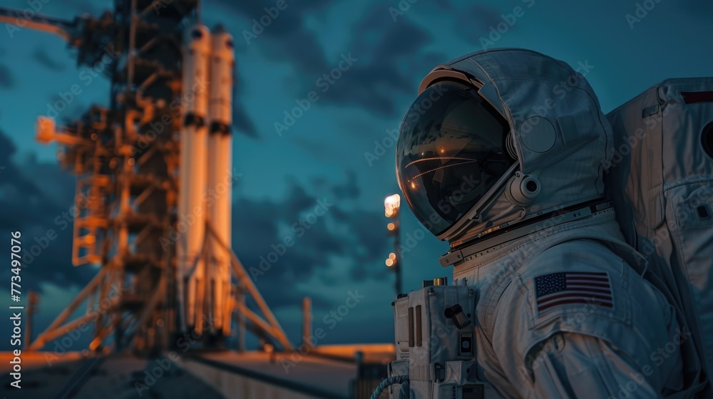 Poster A man in a space suit standing in front of a rocket. Suitable for science and technology concepts