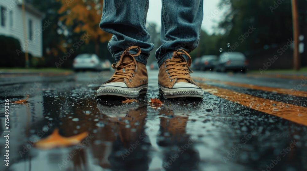 Poster a person standing on a wet street. suitable for various concepts