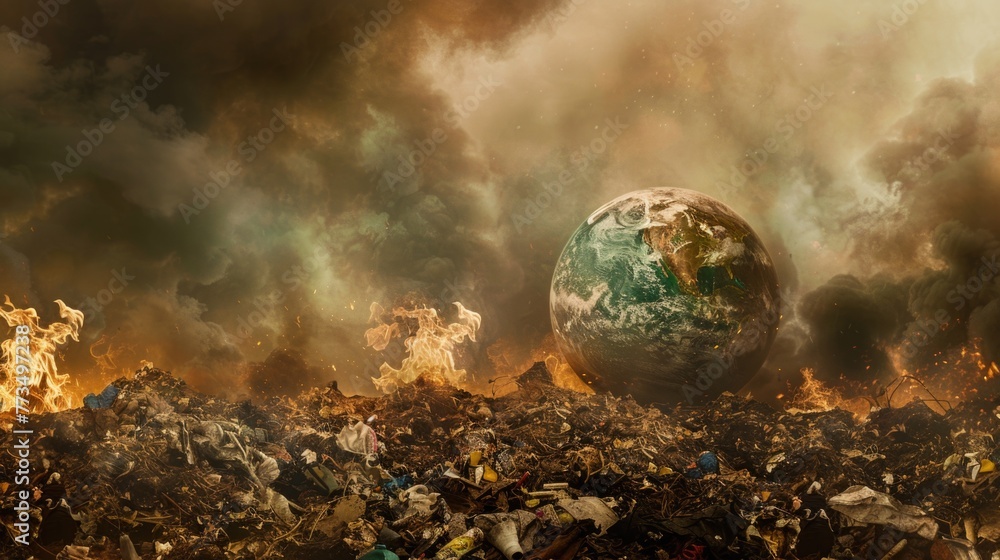 Poster A large pile of trash with a green globe in the middle. Suitable for environmental concepts