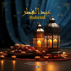 Happy Eid ul fitr background Ornamental Arabic lantern glowing - Eid Mubarak post