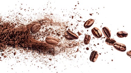 A burst of arabica grain with splashes of brown dust and shredded roasted ground coffee is shown isolated on a white background. Modern realistic illustration of espresso beans bursting on a white