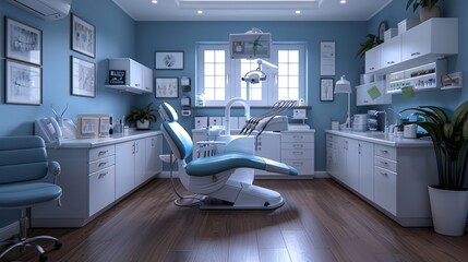 Modern Dentist Office With Blue Walls and White Furniture
