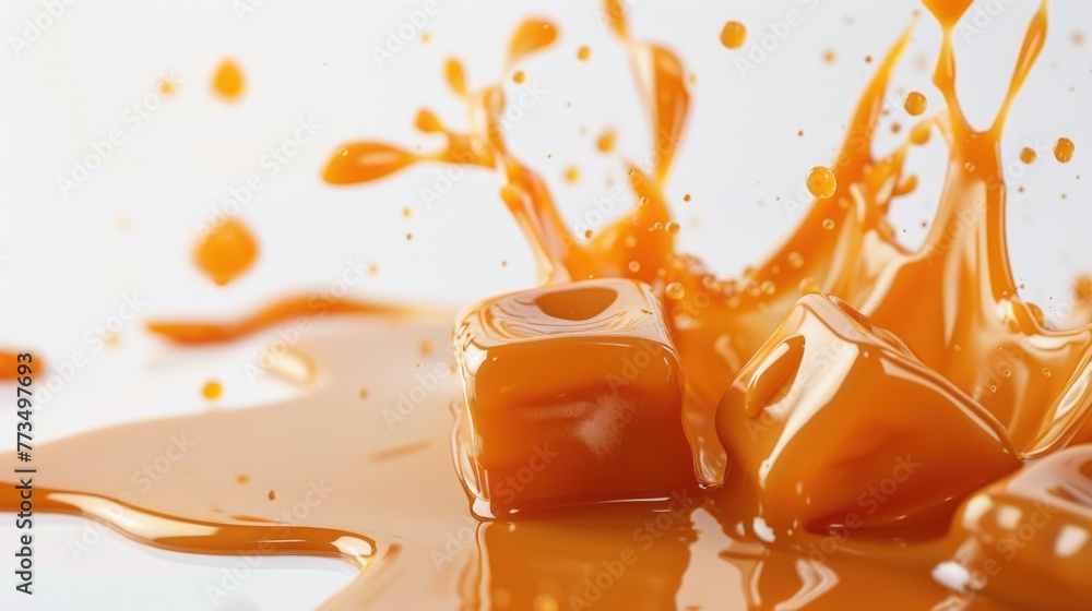 Poster group of caramel cubes on a table, versatile for various food and dessert concepts