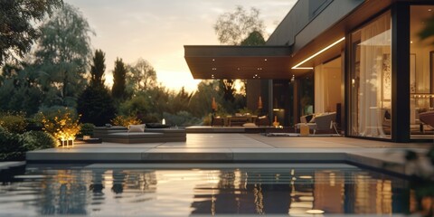 A serene pool in a backyard, perfect for relaxation or entertainment - obrazy, fototapety, plakaty