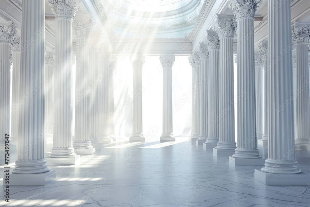 Poster A large room with elegant columns and natural light streaming in from a skylight. Perfect for architectural design projects