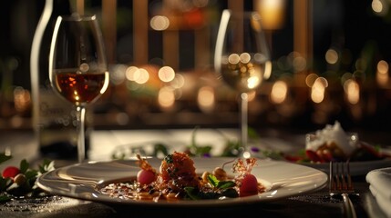 Plate of food and glass of wine on a table. Suitable for restaurant menus or food and beverage promotions