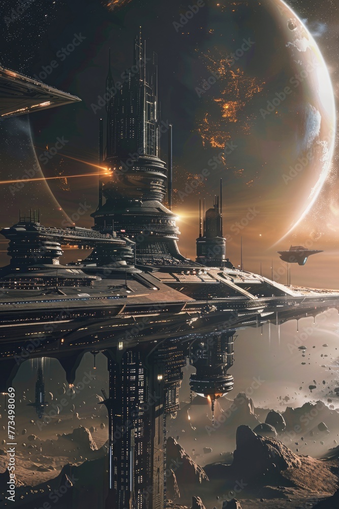 Poster A futuristic space station with a spaceship in the background. Perfect for sci-fi and technology concepts