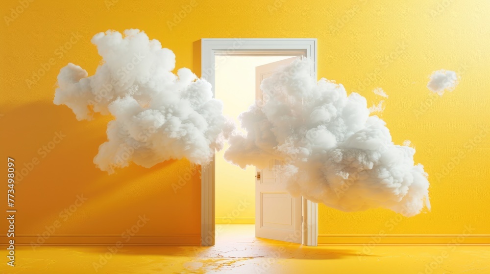 Poster a room with a door and a cloud in the air. suitable for various concepts