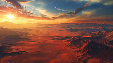 A breathtaking view of the sun setting over the mountains of Mars, casting long shadows across the red soil