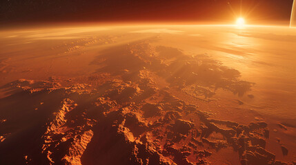 A breathtaking view of the sun setting over the mountains of Mars, casting long shadows across the...