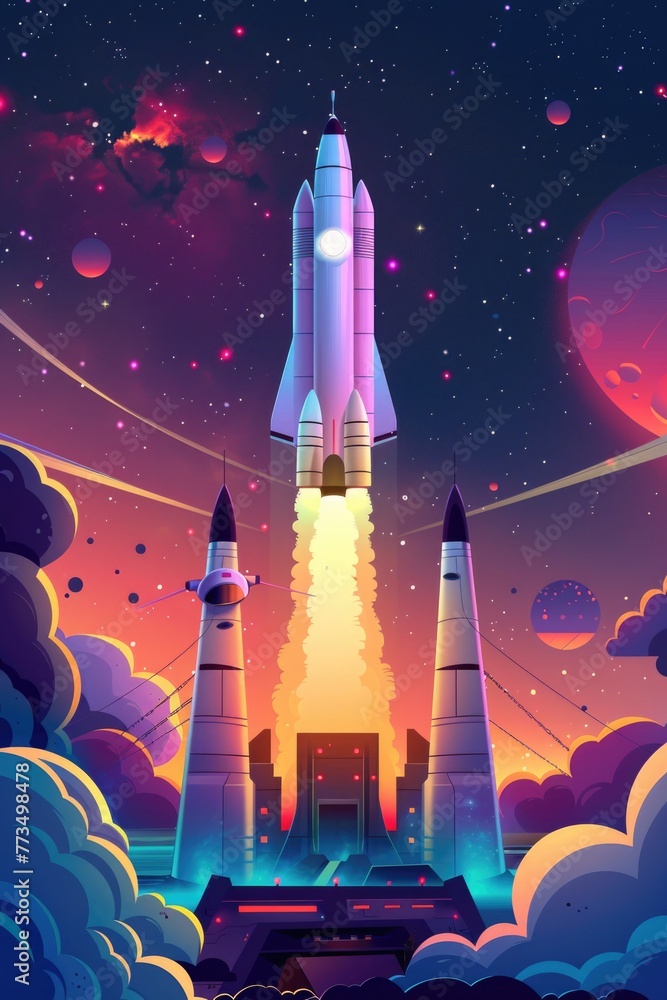 Poster a space shuttle taking off into the sky. ideal for illustrating space exploration