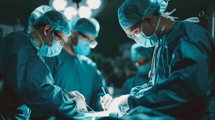 A group of surgeons in electric blue scrubs are in an operating room, surrounded by darkness. The patient lies on the table as they perform a lifesaving medical procedure - obrazy, fototapety, plakaty