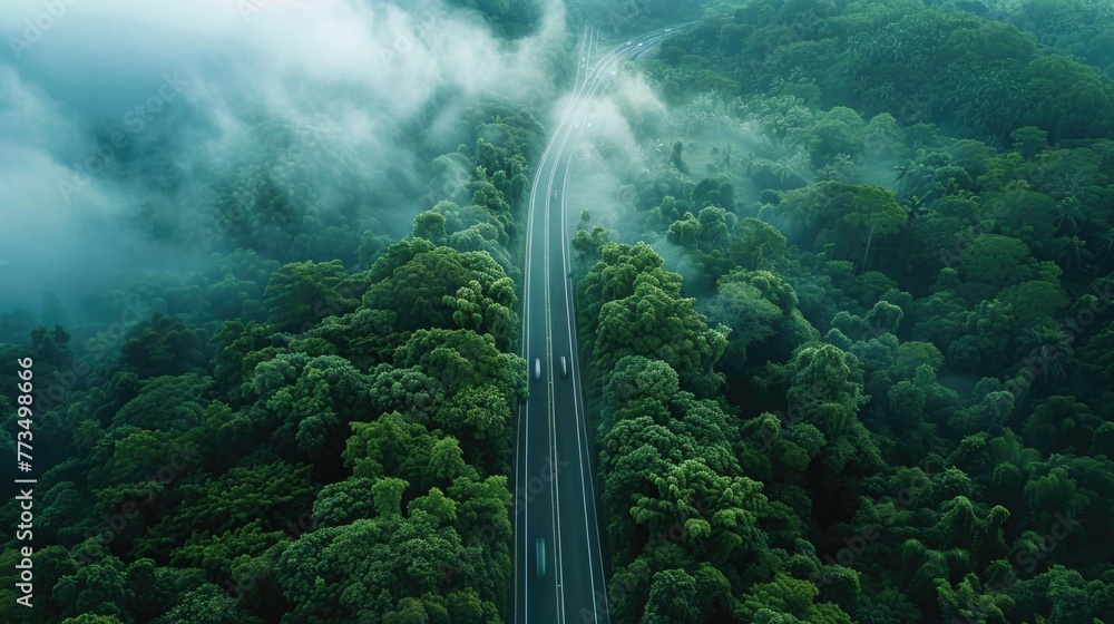 Poster aerial view of a road in the middle of a forest. suitable for travel websites