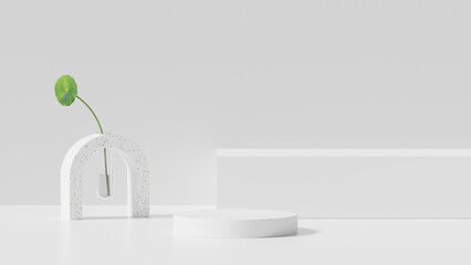 White stone podium, cosmetic display product stand nature leaves background. 3D rendering