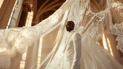 A black trans male bride in a white suit and lace veil stands contemplatively in a richly detailed church, sunlight filtering through stained glass. Gay marriage. LGBTQ community - obrazy, fototapety, plakaty