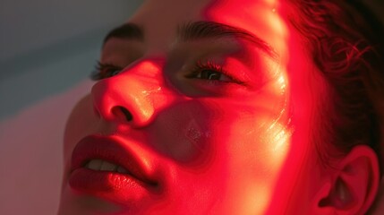 Close-up of a woman's face illuminated by red light. Perfect for dramatic or mysterious concepts