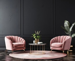 Modern interior design with a dark wall and two pastel pink armchairs and a coffee table