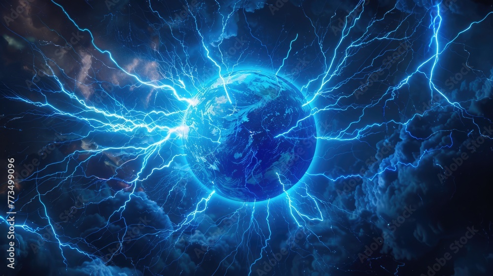 Poster a striking image of a planet with lightning, perfect for science fiction or weather-related designs